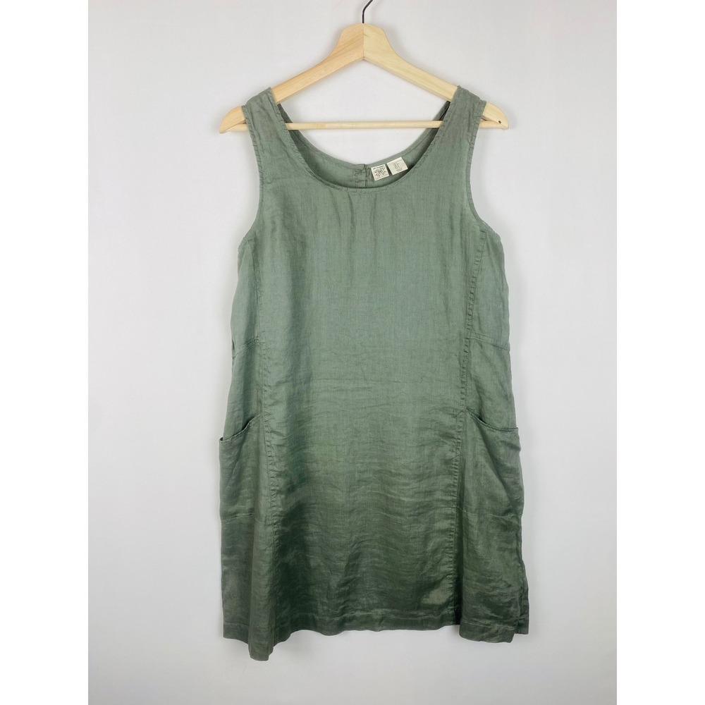 Artisan‎ NY Womens 100% Linen Sleeveless Shift Dress Olive Green Pockets Small